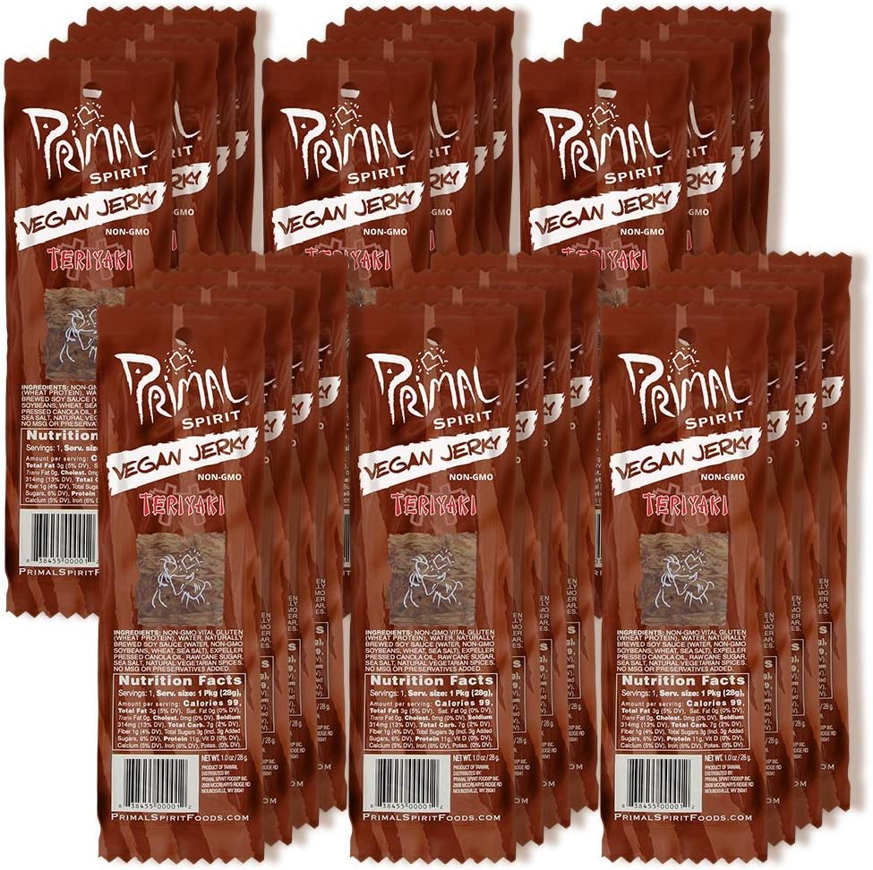 Primal Spirit Vegan Jerky – “Classic Flavor” – Teriyaki, 10 g. Plant Based Protein, Certified Non-GMO, No Preservatives, Sports Friendly Packaging (24 Pack, 1 oz)