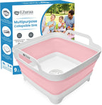 EZuraa 2.4 gal(9L) Pink Collapsible Dish Basin, Portable Sink or Dish Pan for Kitchen Sink with Drain Plug/Strainer, Space Saving Baby Bottle Wash Basin Collapsible Bucket, Beverage Tub for Camping