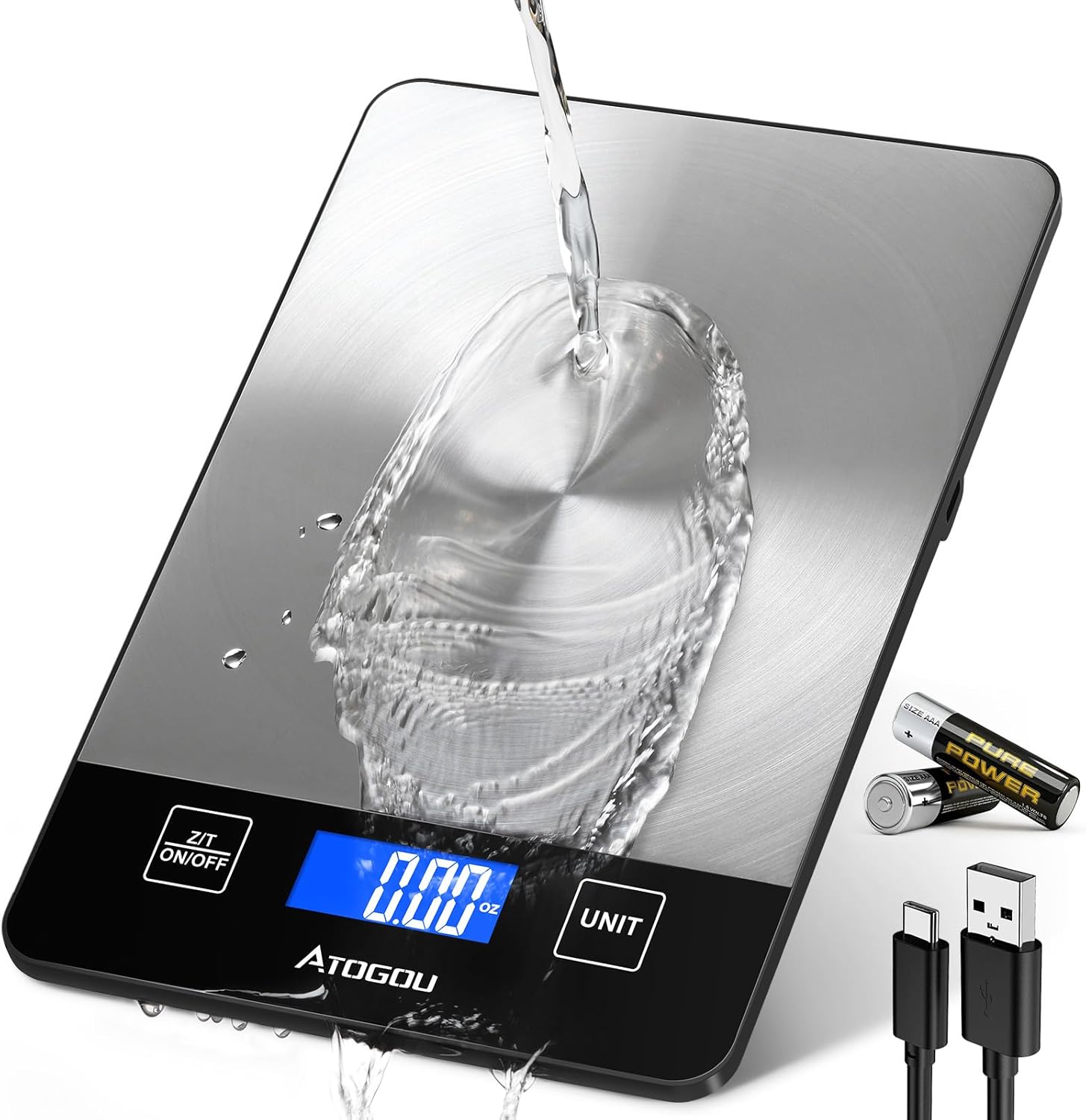 Atogou Food Scale - 33lb Digital Kitchen Scale Ounces Grams, Rechargeable & Full-View Display, Water-Resistant, Batteries or USB-C Charging, Stainless Steel, for Cooking, Meal Prep, Package (Black)