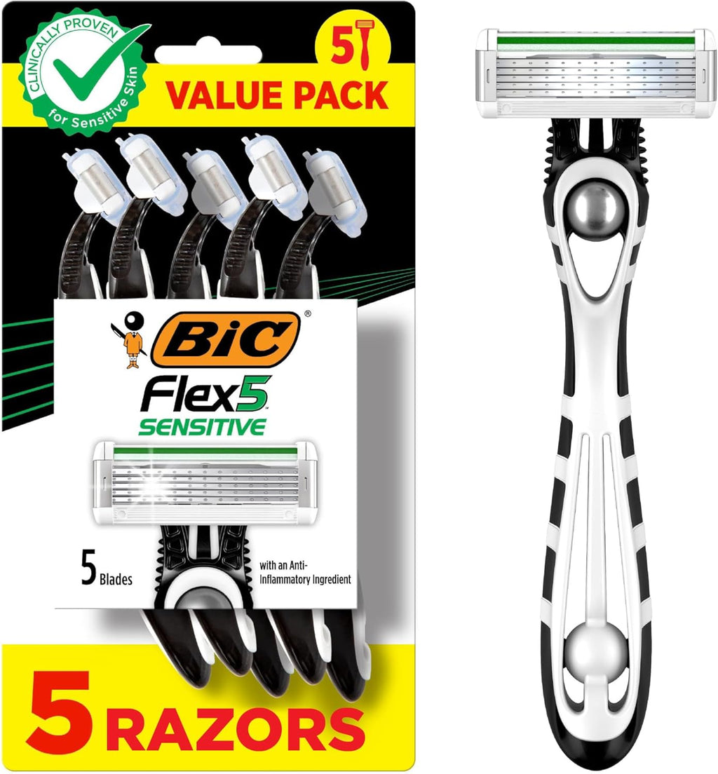 BIC Flex 5 Sensitive Men's Disposable 5-Blade Razors, Comfortable Shave, 5-Pack