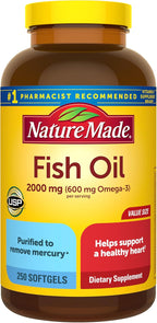 Nature Made Fish Oil Omega 3 Supplements, 2000mg Per Serving Softgels, Omega 3 Fish Oil for Healthy Heart Support, 250 Softgels, 125 Day Supply