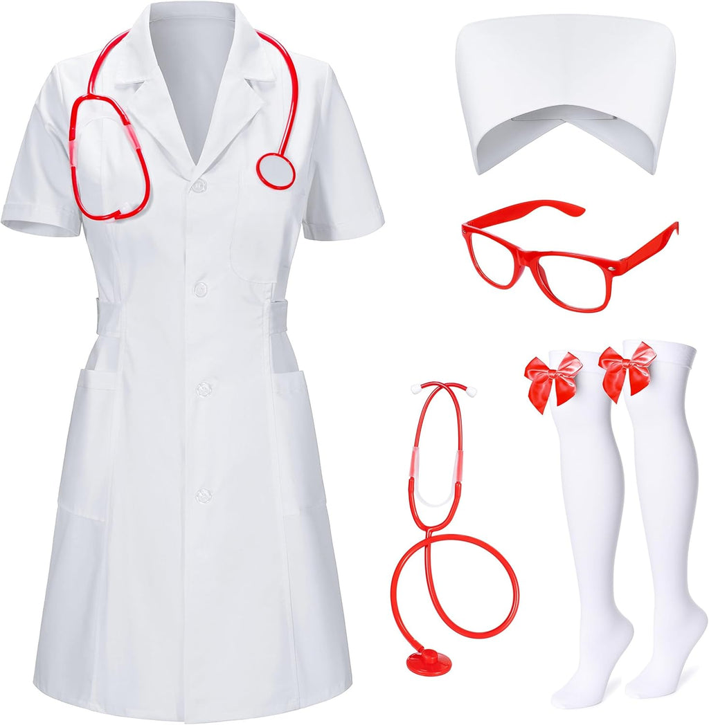 TOKYO REVENGERS Women 5Pcs Halloween Nurse Costume Set Doctor Outfit Lab Coat Nurse Hat Cosplay Party Costume Accessories