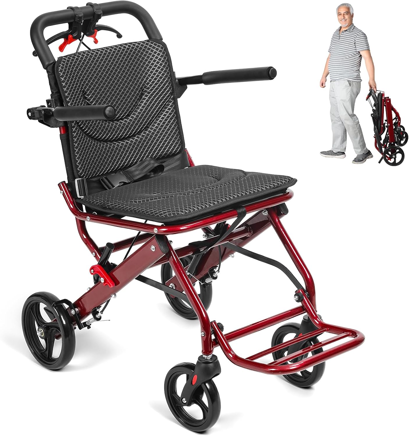 Ultra-Lightweight Folding Wheelchair, 8.2KG Carbon Steel Transport Chair with Ergonomic Handbrake, PU Wheels & Safety Strap for Seniors, Travel, Indoor Outdoor Use (Red)