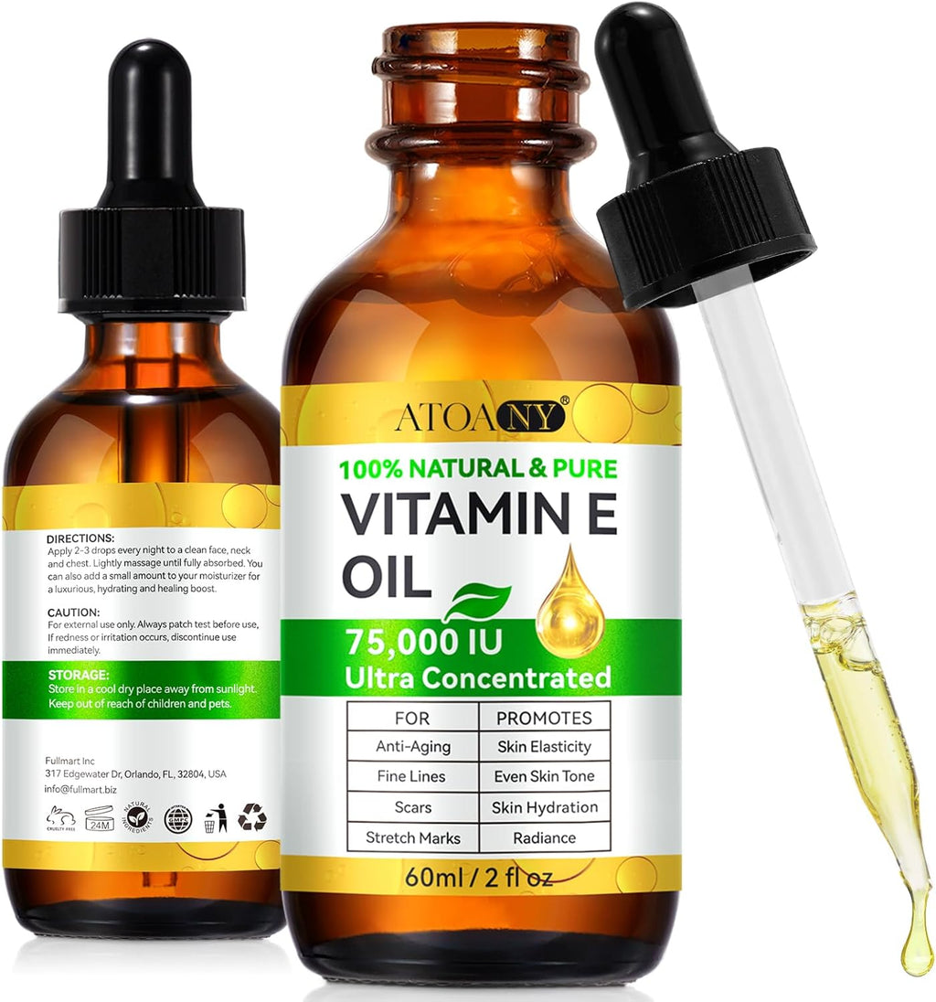 flasture Vitamin E Oil 75,000 IU – 100% Pure Natural Vitamin E for Skin, Face, Hair, Scars – Deep Moisturizing Body Oil for Dry Skin, Wrinkles – Cold-Pressed, Non-GMO,Skincare – 2 Fl Oz