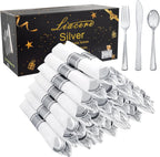 Liacere 100 Pack Silver Plastic Silverware-Pre Wrapped cutlery and Napkin-Pre Rolled Silverware Disposable 100 Forks, 100 Knives 100 Spoons, 100 Napkins Plastic Utensils＆Wedding