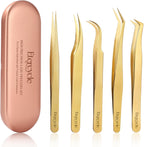 Etercycle High Precision Lash Tweezers Set - Includes 5 Stainless Steel Eyelash Tweezers for Classic Individual and Volume Lash Extensions. Complete with Storage Box