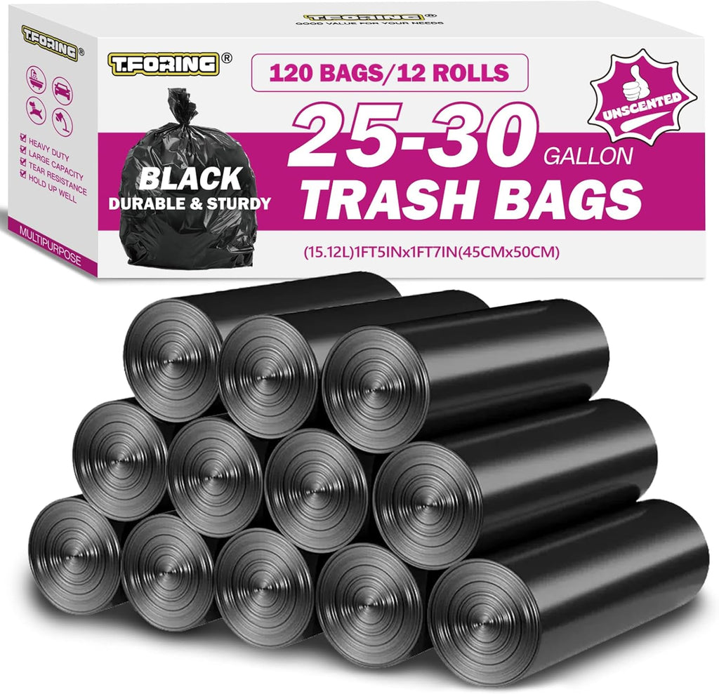 25-30 Gallon Trash Bags Black 120 Count - 31.5" x 35.4" Large Kitchen Garbage Bags, 20+ Gallon Trash Can Liners Unscented, Multipurpose for Home, Office, Daily Household Use