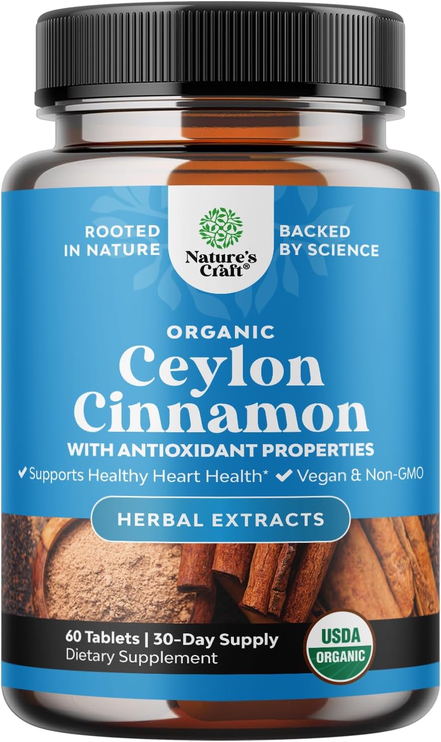 Organic Ceylon Cinnamon Extract Tablets 1000mg - Ceylon Cinnamon Organic Supplement for Immune System & Heart Health Aid - Immune Support Supplements for Adults - 60 Count