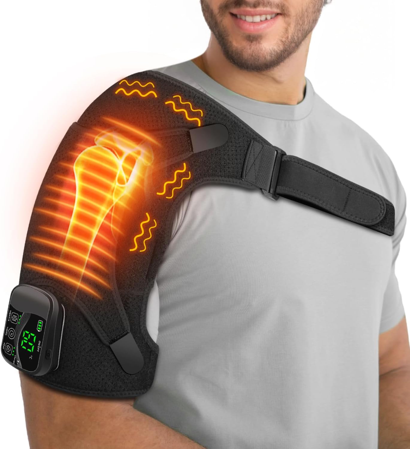 Cordless Electric Heated Massage Shoulder Wrap Pad with 3 Vibration and Heat Settings Hot Therapy for Shoulder Pain Relief, Black, One Size