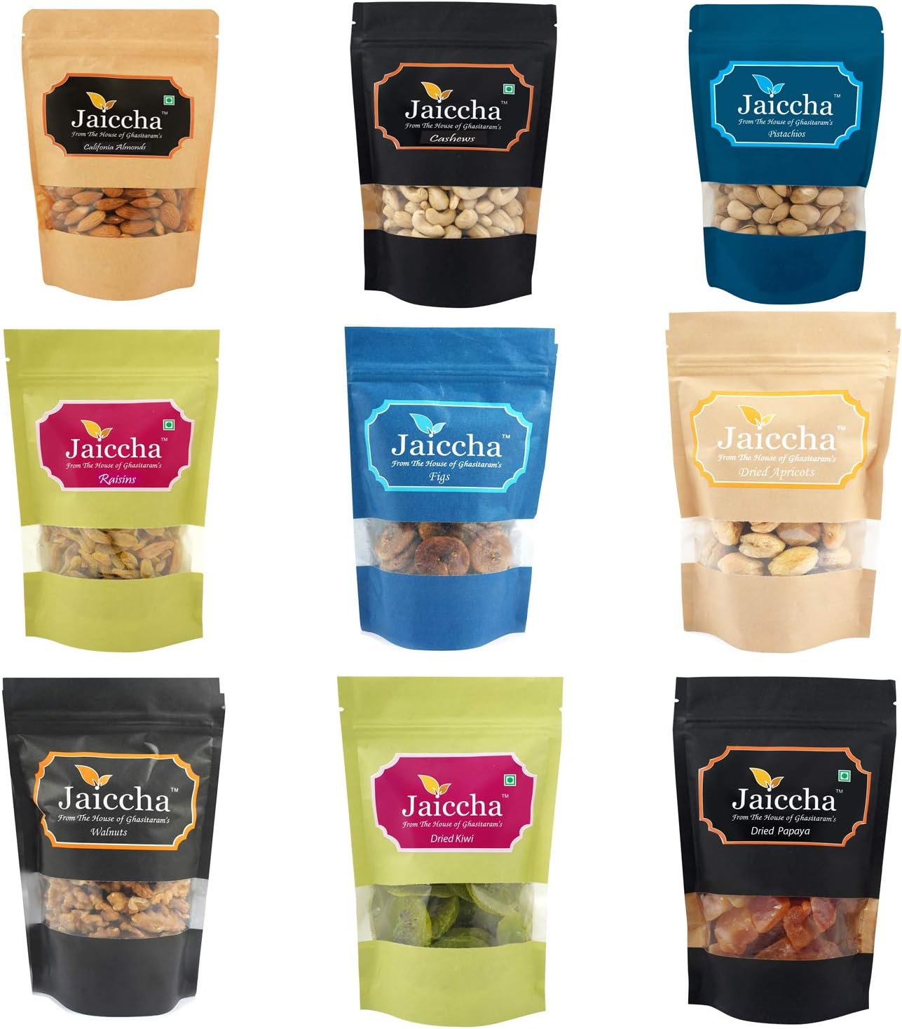 Jaiccha Ghasitaram Diwali Gifts Best of 9 Dryfruits Cashews, Almonds, Raisins, Pistachios, Figs , Dried Apricots, Walnuts, Kiwi and Papaya