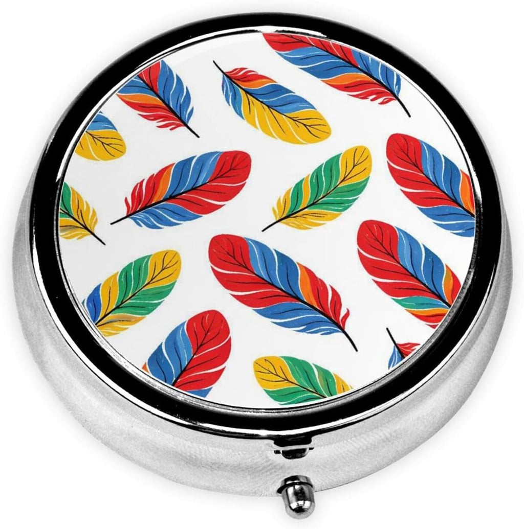 Colorful Feather Print Pill Box Portable Small Travel Pill Organizer
