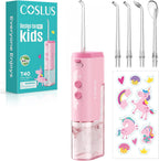 COSLUS T40 Portable Water Flosser for Kids: 4 Gentle Modes for Ages 6+, Braces & Sensitive Teeth - with Fun DIY Stickers, 4 Storable Nozzles, Mini Compact for Home School & Travel, BPA-Free, Pink