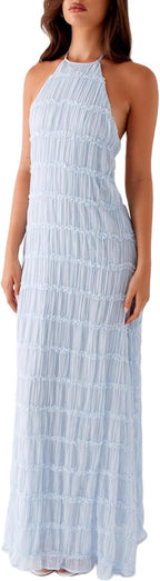 Women Y2k Backless Long Dress Halter Tie Neck Maxi Dress Flowy Beach Sundress Summer Streetwear