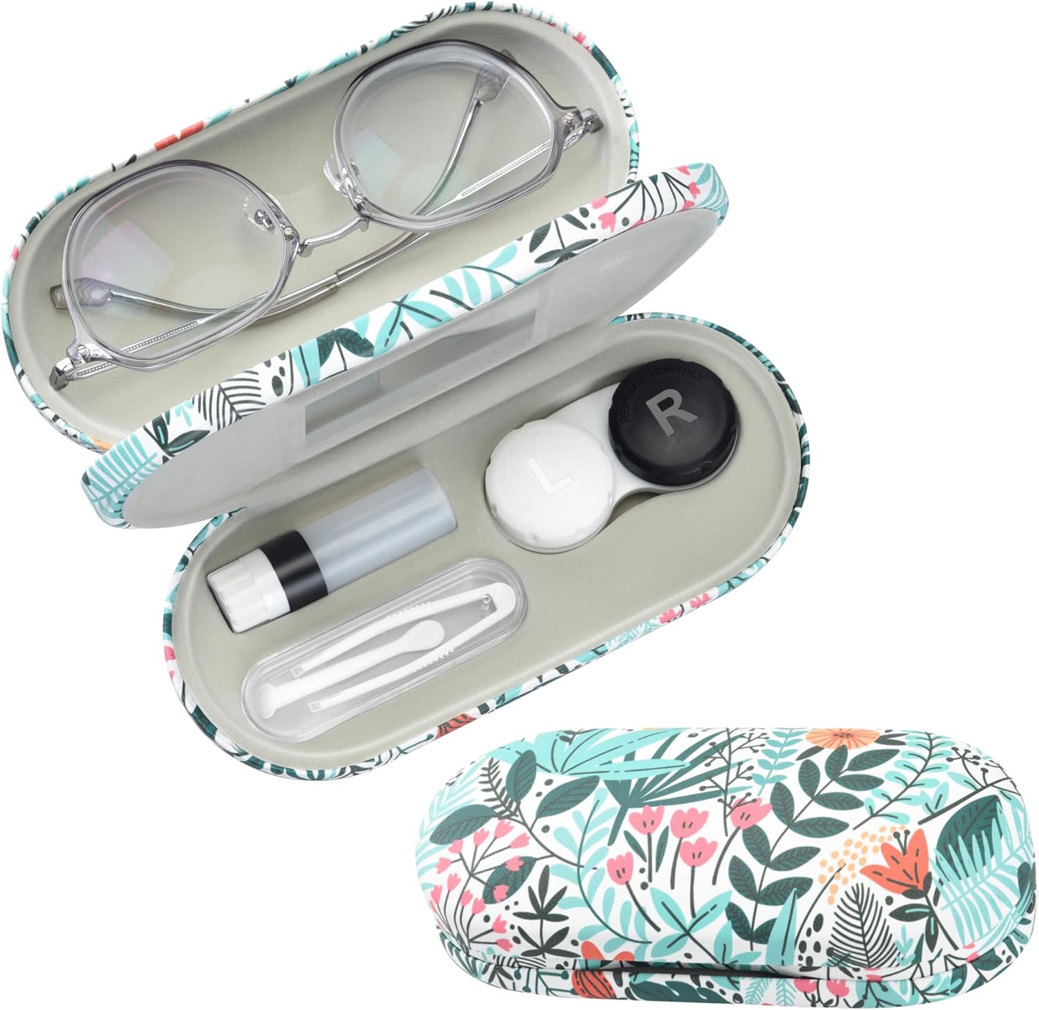 2 in 1 Contact Lens and Glasses Case,Double Sided Dual Use Design with Mirror, Tweezer and Contact Lens Solution Bottle,Portable Soak Storage Kit for Travel,Office(White & Tropical Flowers)