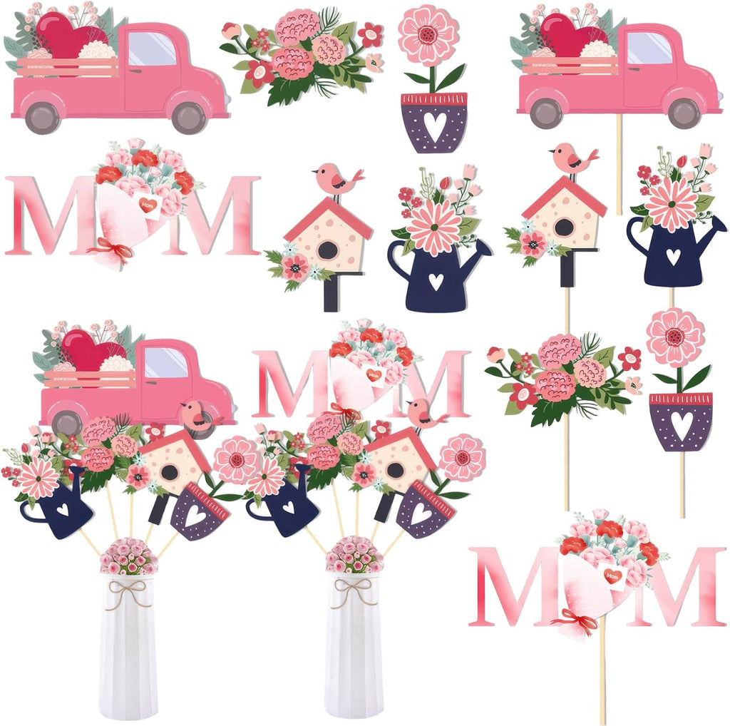 20 Pcs Mother's Day Heart Floral Picks Pink Mom Flowers Cake Toppers Signs Sticks Bouquet Tabletop Centerpiece Decoration for Home Vase Filler Mom Birthday DIY Photo Prop Party Supplies
