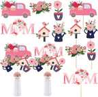 20 Pcs Mother's Day Heart Floral Picks Pink Mom Flowers Cake Toppers Signs Sticks Bouquet Tabletop Centerpiece Decoration for Home Vase Filler Mom Birthday DIY Photo Prop Party Supplies