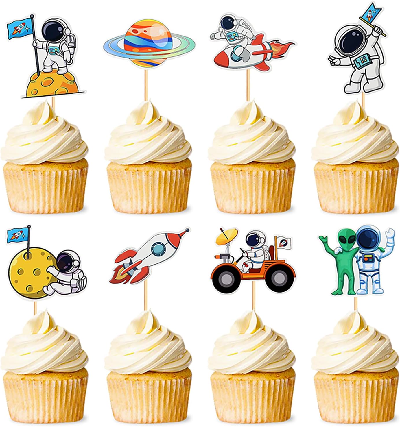 Space Cupcake Toppers,24 PCS Astronaut Cupcake Toppers,Space Birthday Decorations,Space Themed Party Decorations