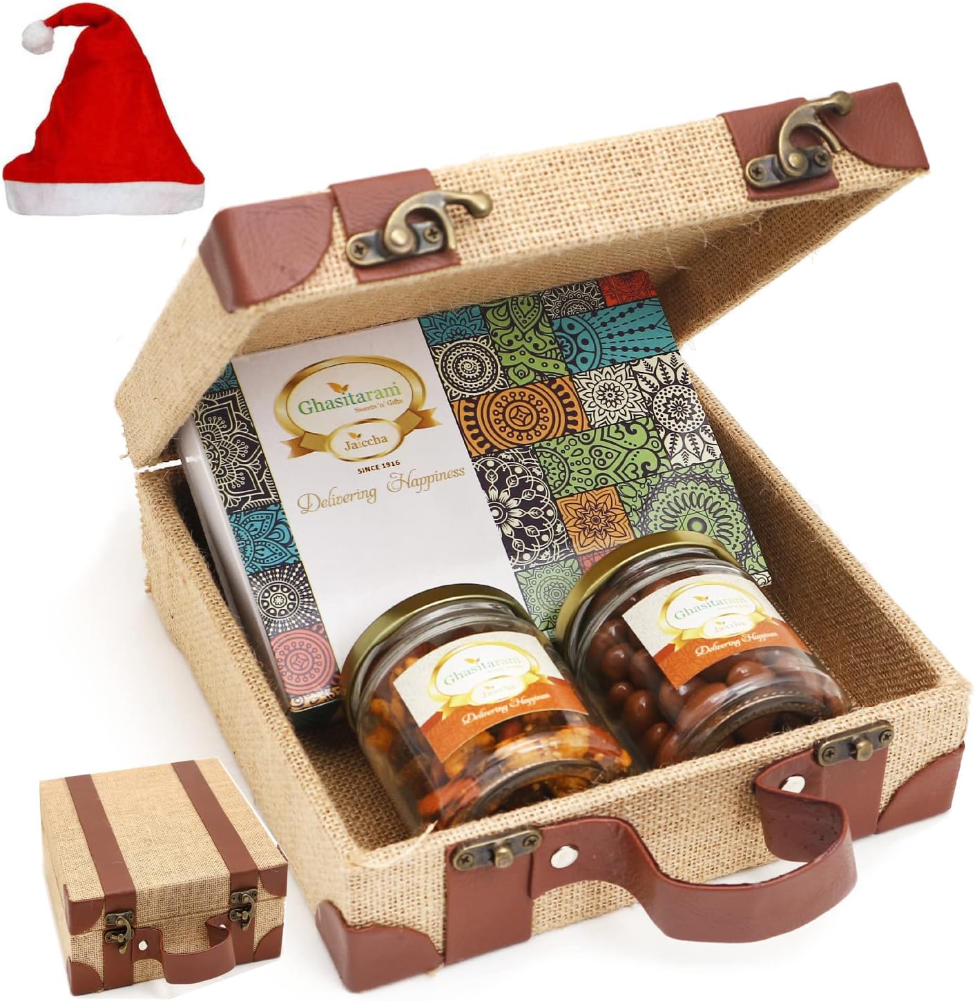 Jaiccha Ghasitaram Christmas Gifts Jute Box of Chocolate Alomnds, Mix Dryfruits and Assorted Bites