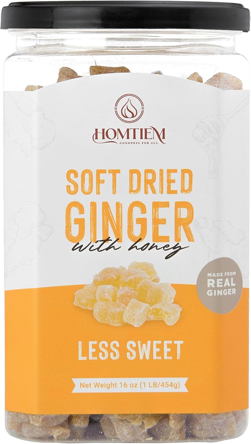 Homtiem Dried Crystallized Ginger Less Sweet (16 Ounce) Real Soft, Chews and Candied Delicious pieces Gingers, Easy to eat, No Artificial Colors, All-Natural and Preservative-Free(1 LB)