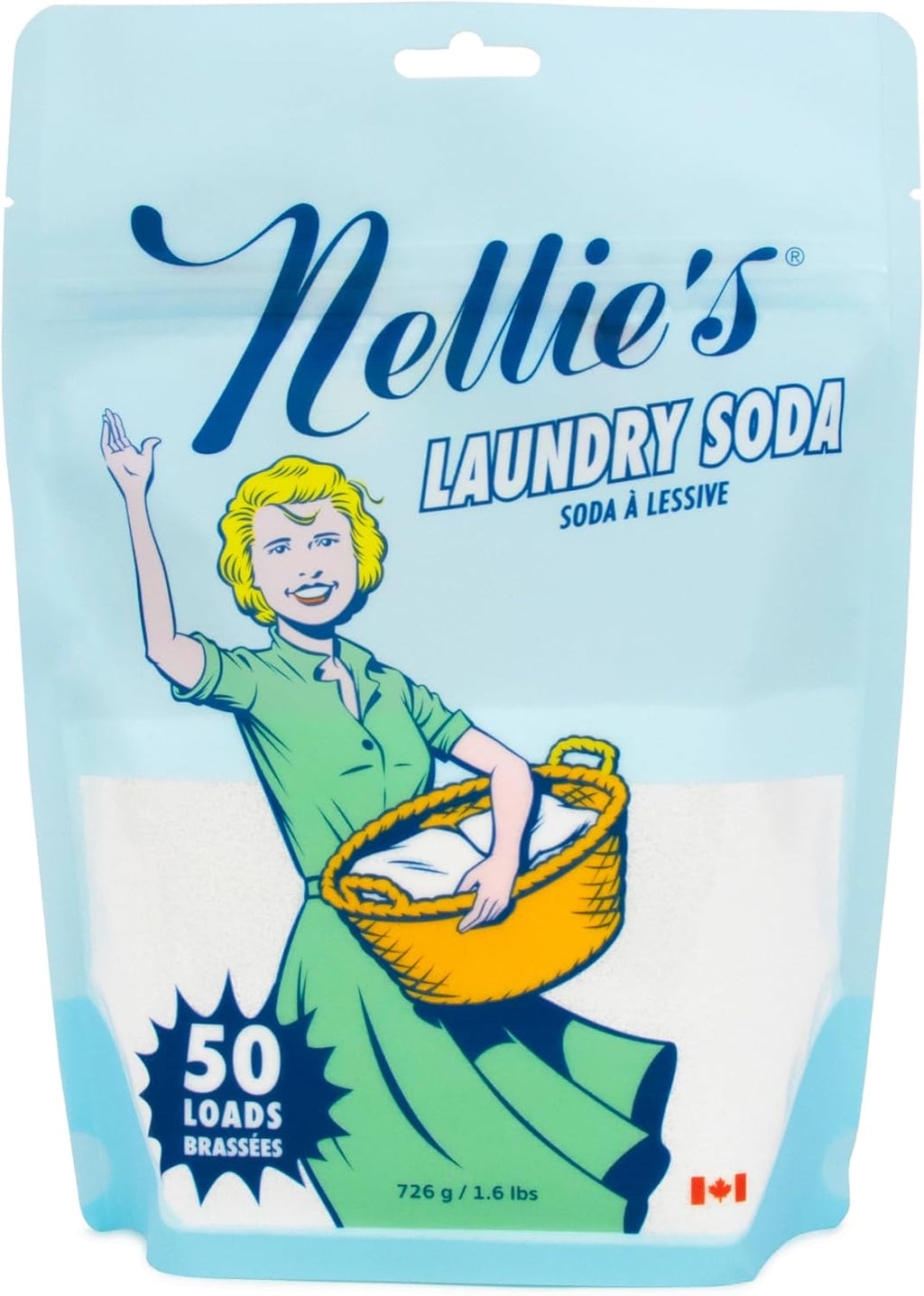 Nellie's Laundry Soda - Concentrated Laundry Detergent Powder - 50 Load Pouch - Gentle on Skin and Environment - Fragrance-Free - Made in Canada