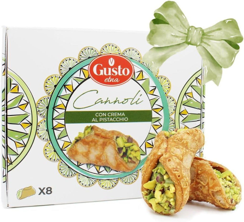 GUSTO ETNA Sicilian Cannoli filled with Pistachio Cream, 8 Pieces, Mini Cannoli in Gift Box with Pistachio Butter, Crunchy Sweet Delicacy from Bronte, Sicily, Italian Biscotti Cookies, From Italy