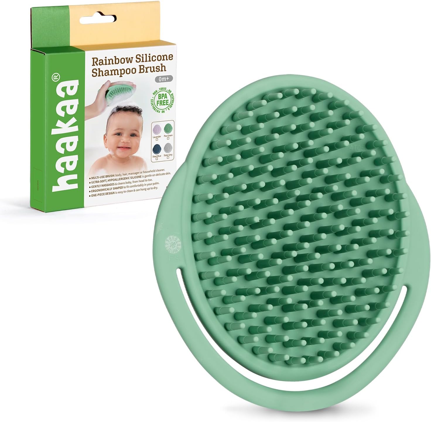 haakaa Silicone Shampoo Brush - Cradle Cap Brush Comb - Baby Hair Scrubber - Baby Bath Essentials - 1pk-Pea Green
