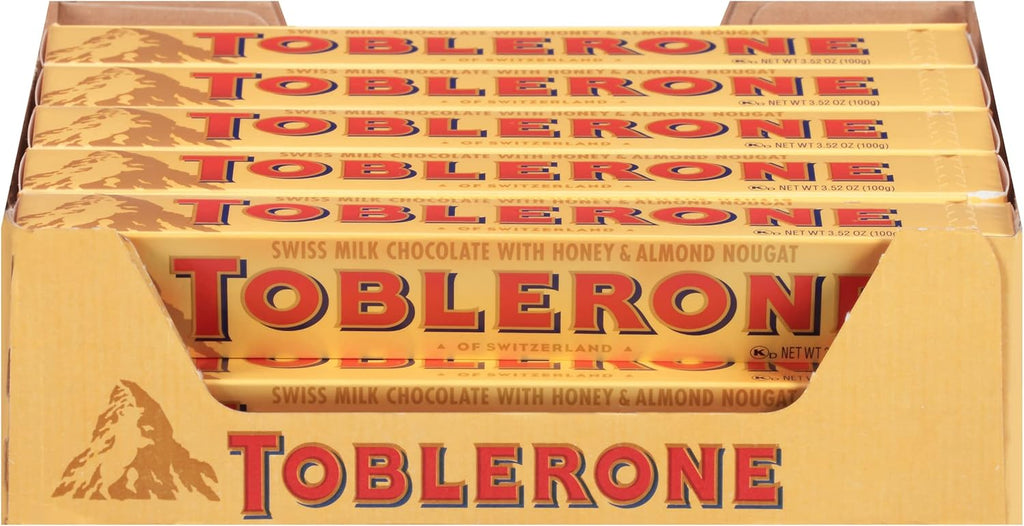 Toblerone Swiss Milk Chocolate Candy Bars with Honey and Almond Nougat, 20-3.52 oz Bars