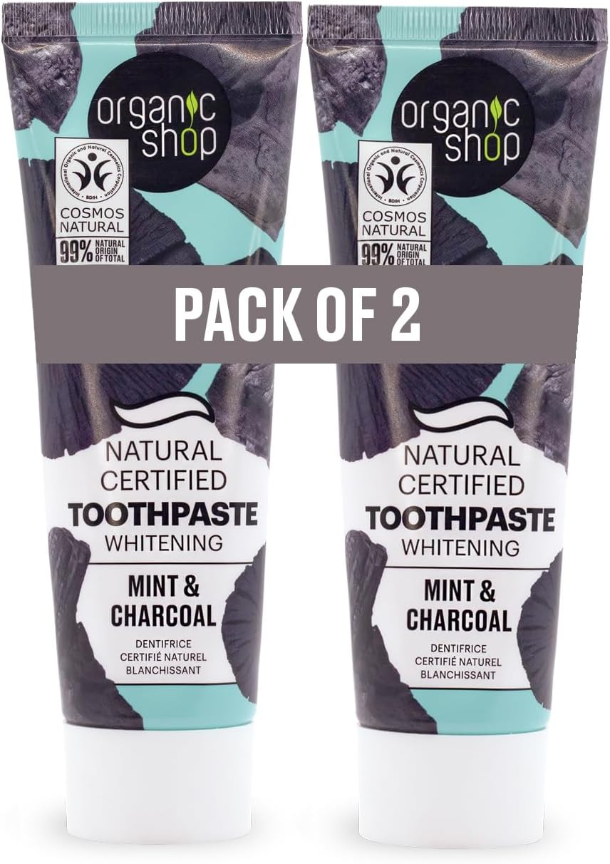 Organic Shop Mint & Charcoal Whitening Toothpaste, Natural Ingredients, Fluoride-Free, Tooth Sensitivity, Vegan & Cosmos Natural Certified. Pack of 2