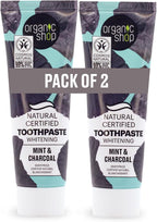 Organic Shop Mint & Charcoal Whitening Toothpaste, Natural Ingredients, Fluoride-Free, Tooth Sensitivity, Vegan & Cosmos Natural Certified. Pack of 2