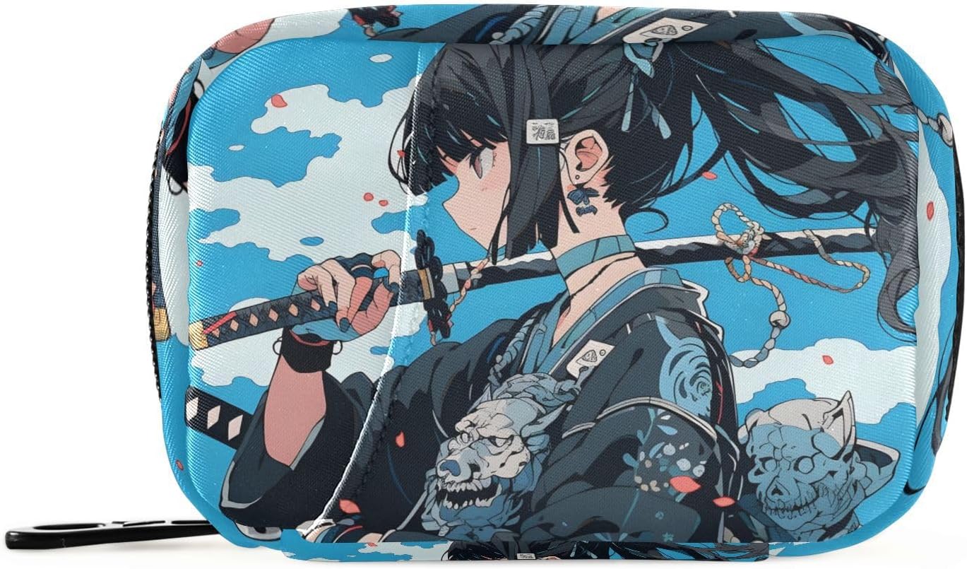 Anime Samurai Blue Pill Organizer Case Box for Travel, Weekly Portable Pill Organizer Supplement Holder 1 Pack