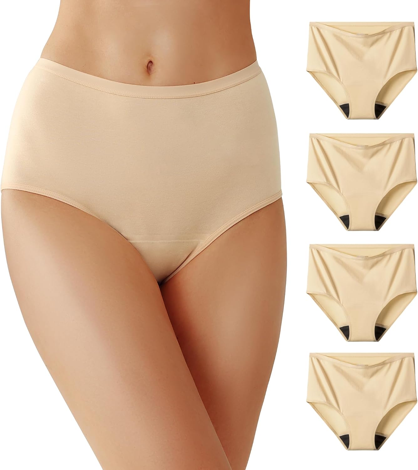 Battewa Cotton Incontinence Underwear for Women High Waisted Leak Proof Panties Bladder Leak Protective Briefs Adult Pee Proof Assurance Underwear (4Beige, L, 4 Pack)