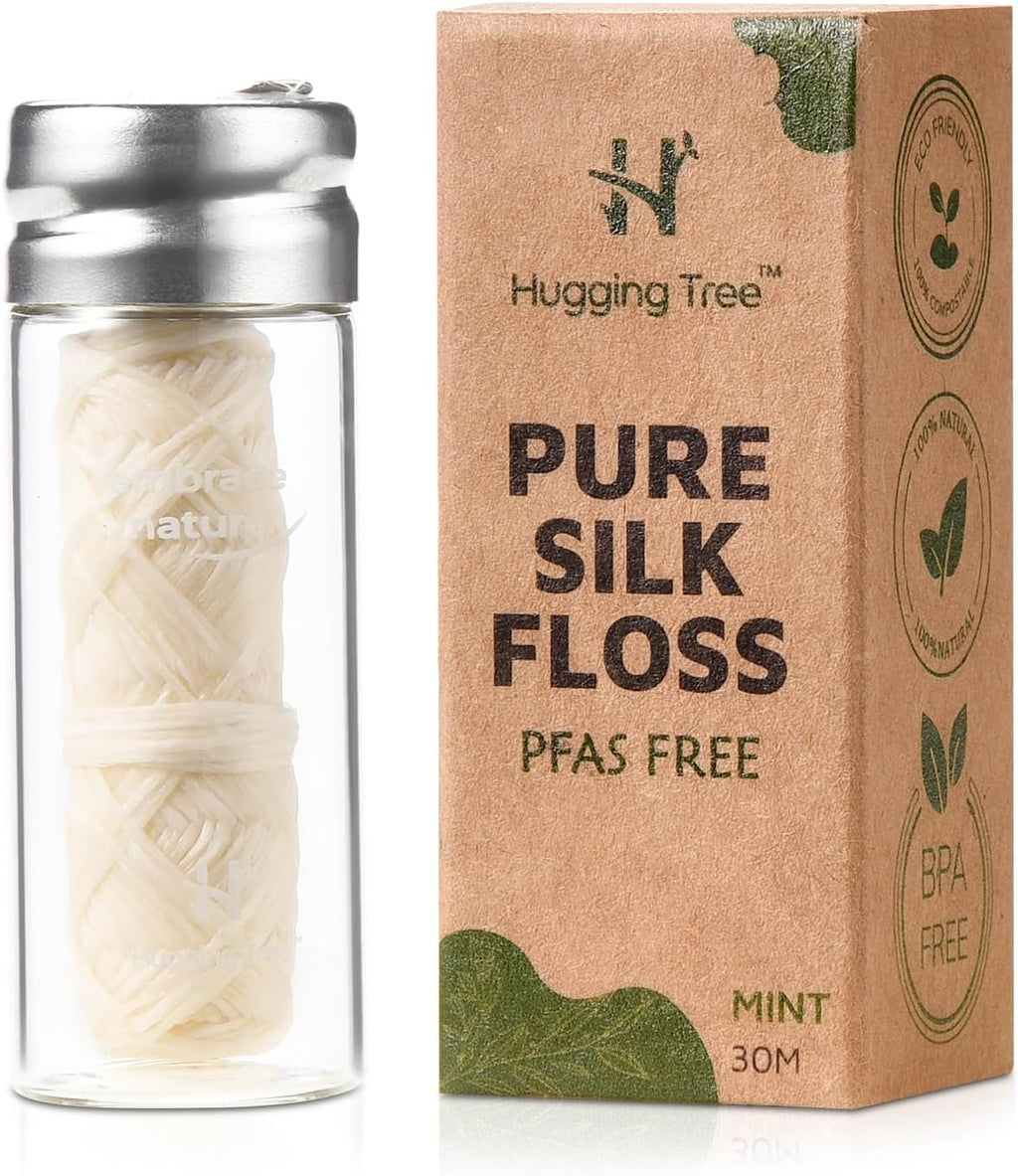 Natural Silk Dental Floss with Glass Dispenser | PFAS Free Dental Floss | Zero Waste Biodegradable | Mint (33 Yards)