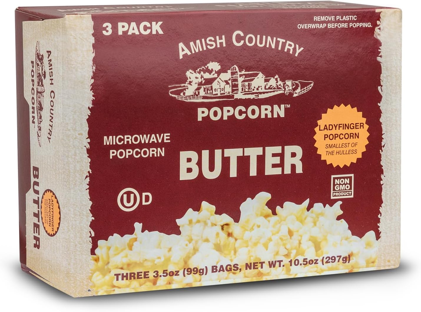 Amish Country Popcorn | Old Fashioned Microwave Popcorn | Non-GMO, Gluten Free, Microwaveable and Kosher (Ladyfinger Butter, 3 Bags)