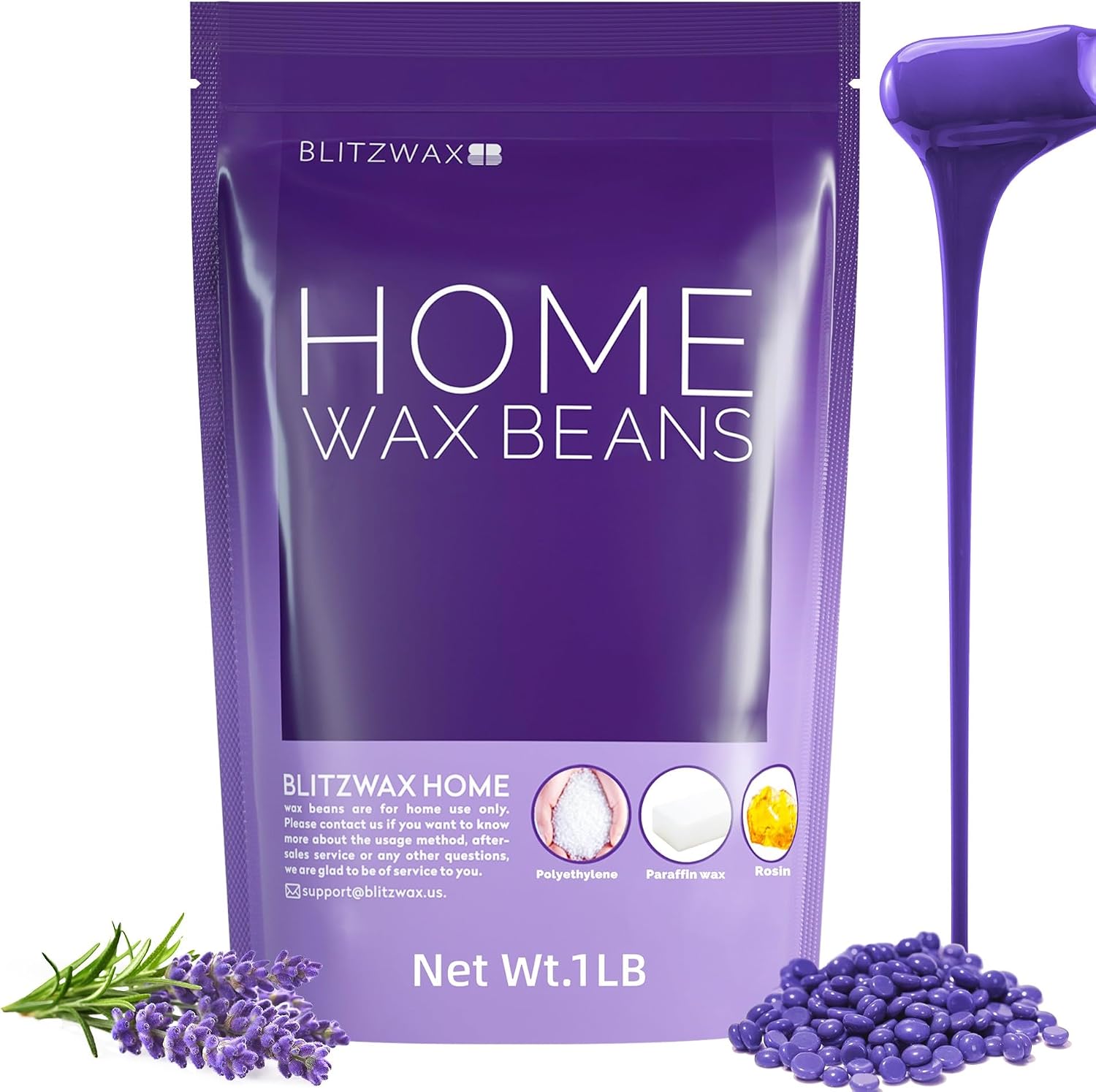 BLITZWAX Lavender Hard Wax Beads for Hair Removal - 1lb Coarse Hair Formula - Painless Wax for Sensitive Skin, Face, Full Body, Bikini - At-Home Waxing Beads for Women Men