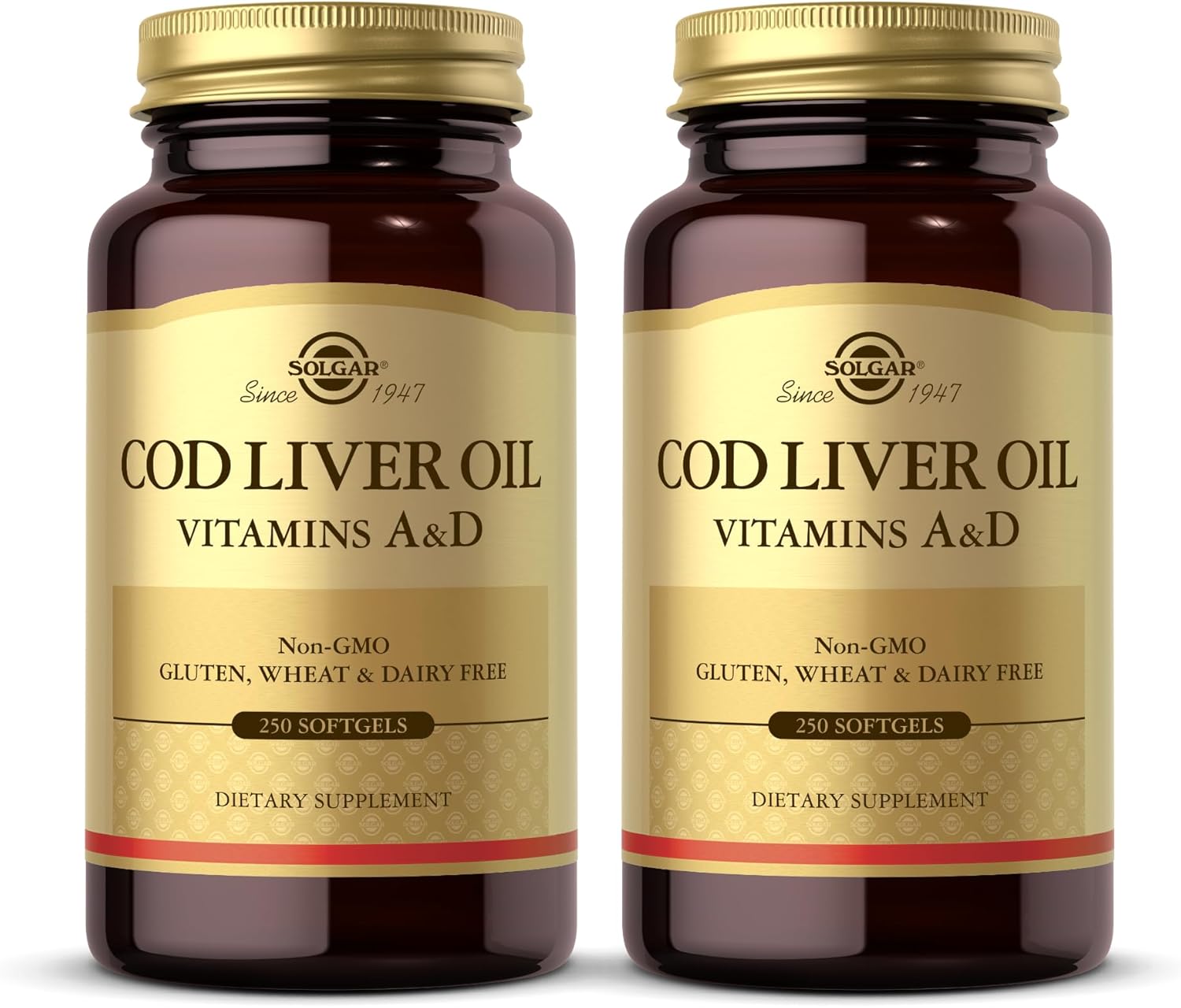Solgar Cod Liver Oil - 250 Softgels, Pack of 2 - Provides Vitamins A & D - Non-GMO, Gluten Free - 500 Total Servings