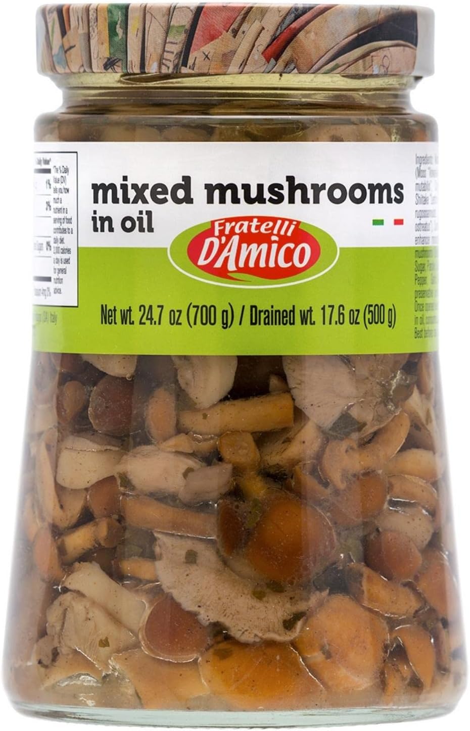 FRATELLI D'AMICO - Mixed Mushrooms in oil, Family-Size, 24.7 oz (700 g), Italian Appetizer, NON-GMO