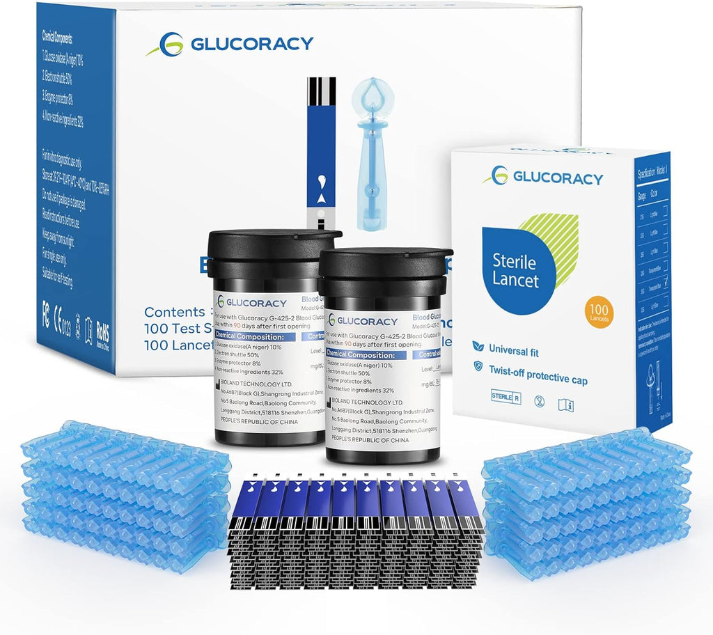 Glucoracy G-425-2 Blood Glucose Test Strips, 100 Counts Test Strips for Diabetes + 100 Counts Blood Lancets, Only for Glucoracy G-425-2 Meter Kit
