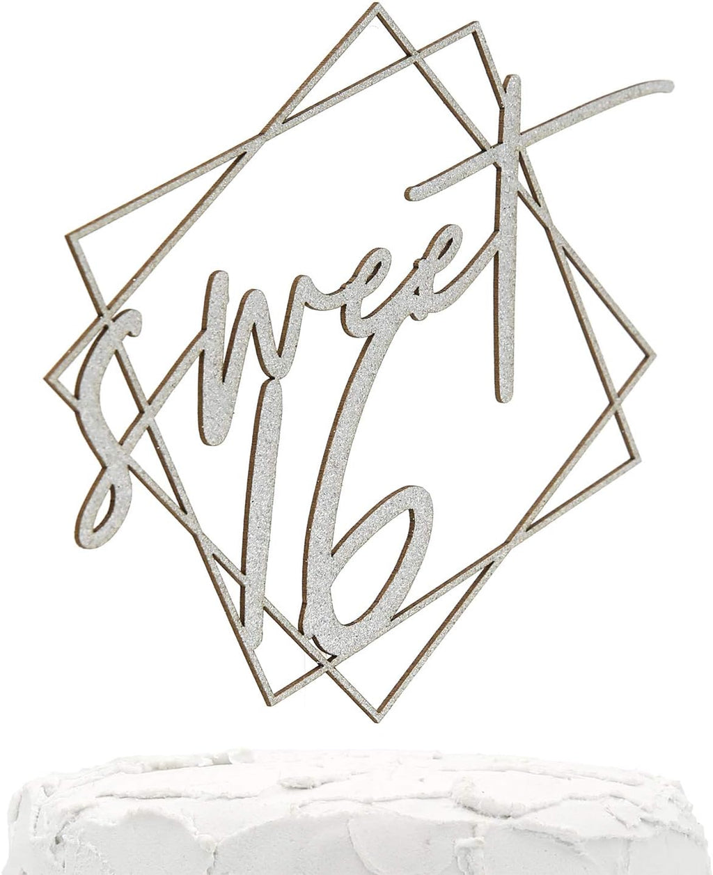 16th Birthday Cake Topper - Sweet 16 - with Modern Geometric Frame - Double Sided Silver Glitter - Premium Quality Made in USA