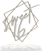 16th Birthday Cake Topper - Sweet 16 - with Modern Geometric Frame - Double Sided Silver Glitter - Premium Quality Made in USA