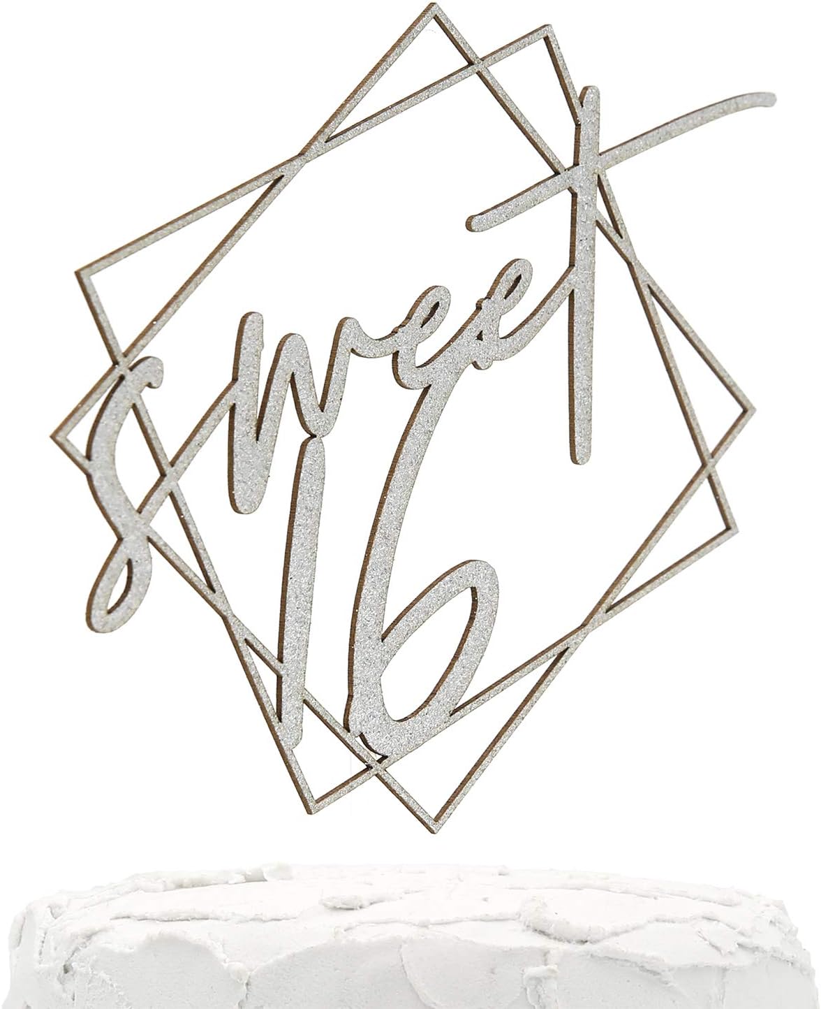 16th Birthday Cake Topper - Sweet 16 - with Modern Geometric Frame - Double Sided Silver Glitter - Premium Quality Made in USA