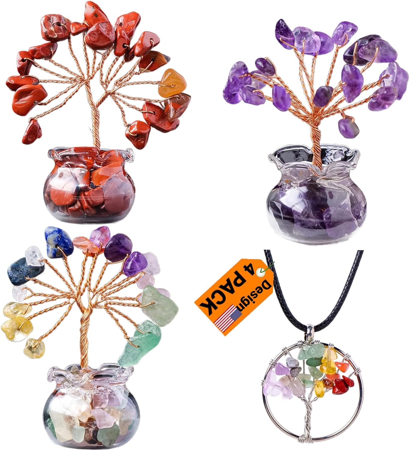 4PC Tree of Life Gift Set Red Jasper, Chakra Gemstone, Amethyst and Natural Chakra Pendant – Healing Energy Decor and Positive Vibes Gifts for Women