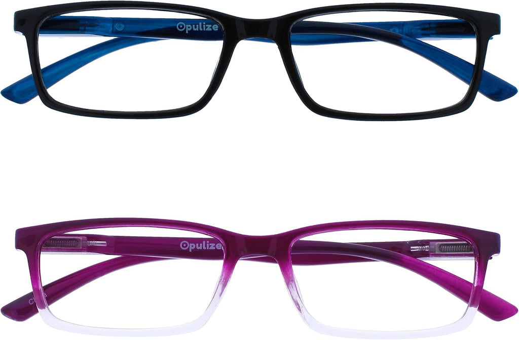 OPULIZE SEE Reading Glasses with Blue Light Blocking for Women and Men, Narrow Frame, Spring Hinges, Computer Gaming Glasses, Black,Purple +2 (Pack of 2)