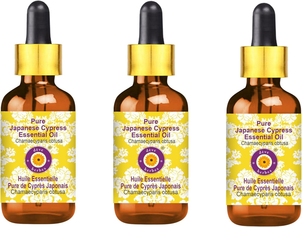 Deve Herbes Pure Japanese Cypress Essential Oil (Chamaecyparis obtusa) with Glass Dropper Steam Distilled (Pack of Three) 100ml X 3 (10 oz)