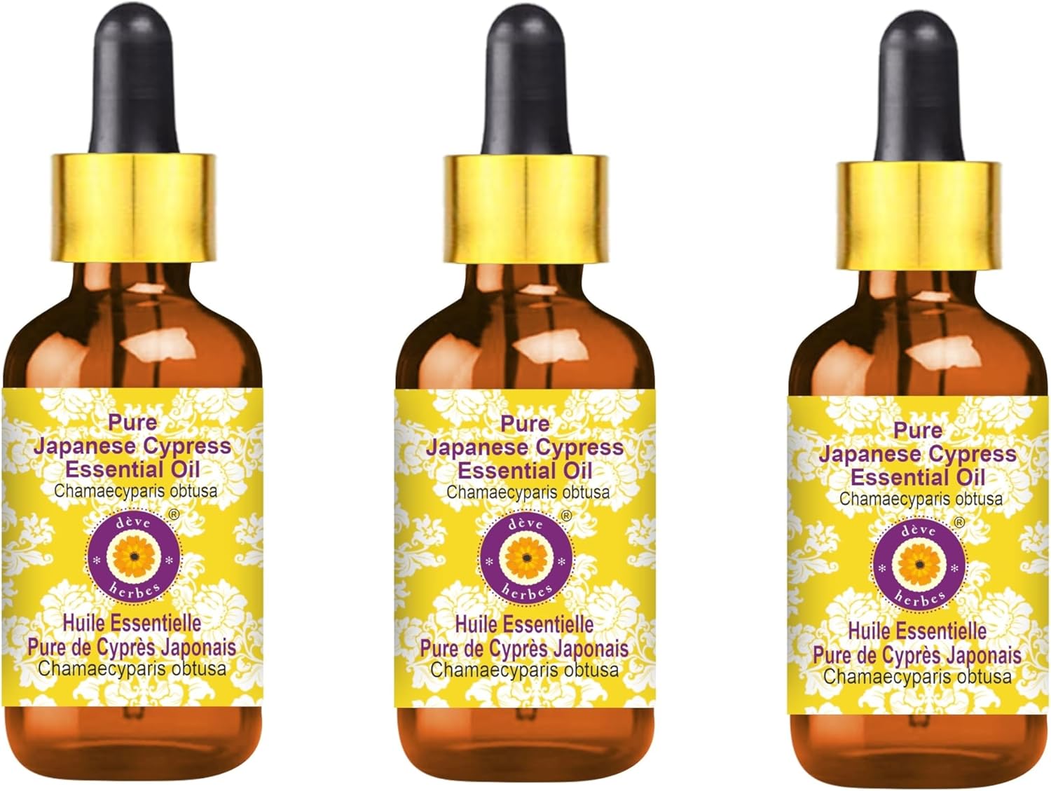 Deve Herbes Pure Japanese Cypress Essential Oil (Chamaecyparis obtusa) with Glass Dropper Steam Distilled (Pack of Three) 100ml X 3 (10 oz)