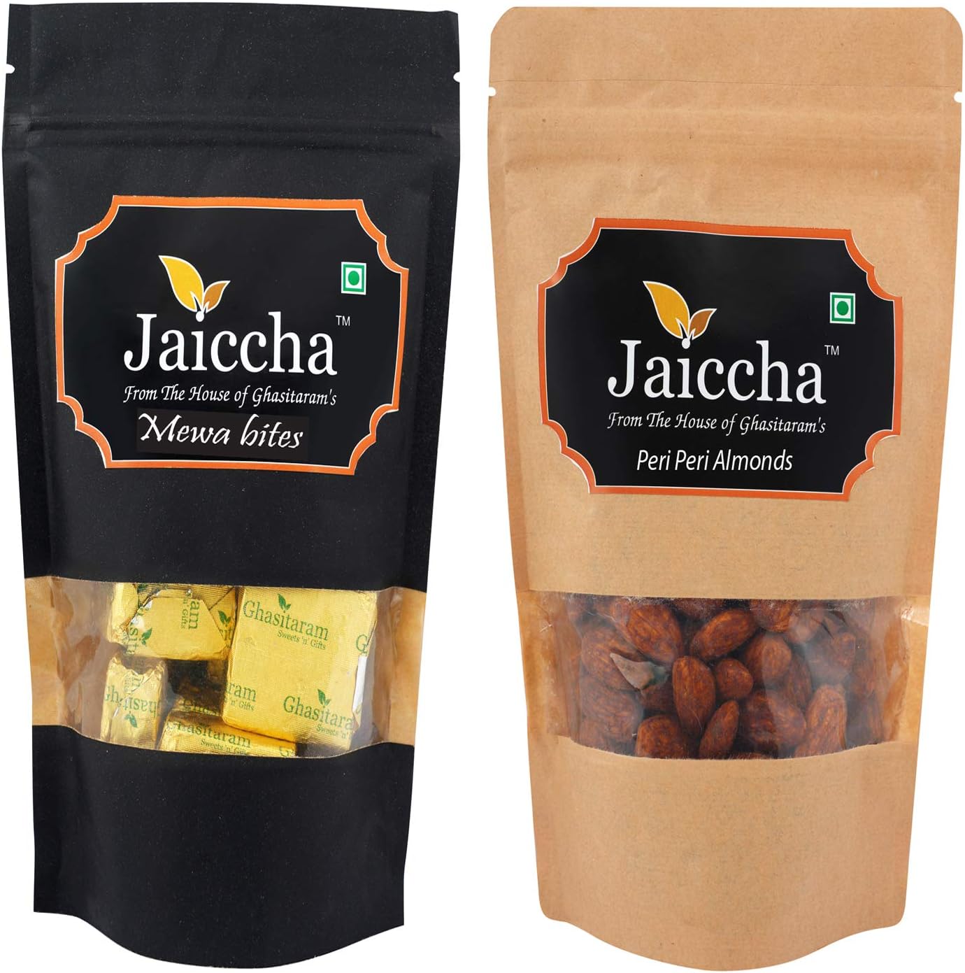 Jaiccha Ghasitaram Pack of 2 MEWA Bites and Peri Peri Almonds Pouches 400 GMS