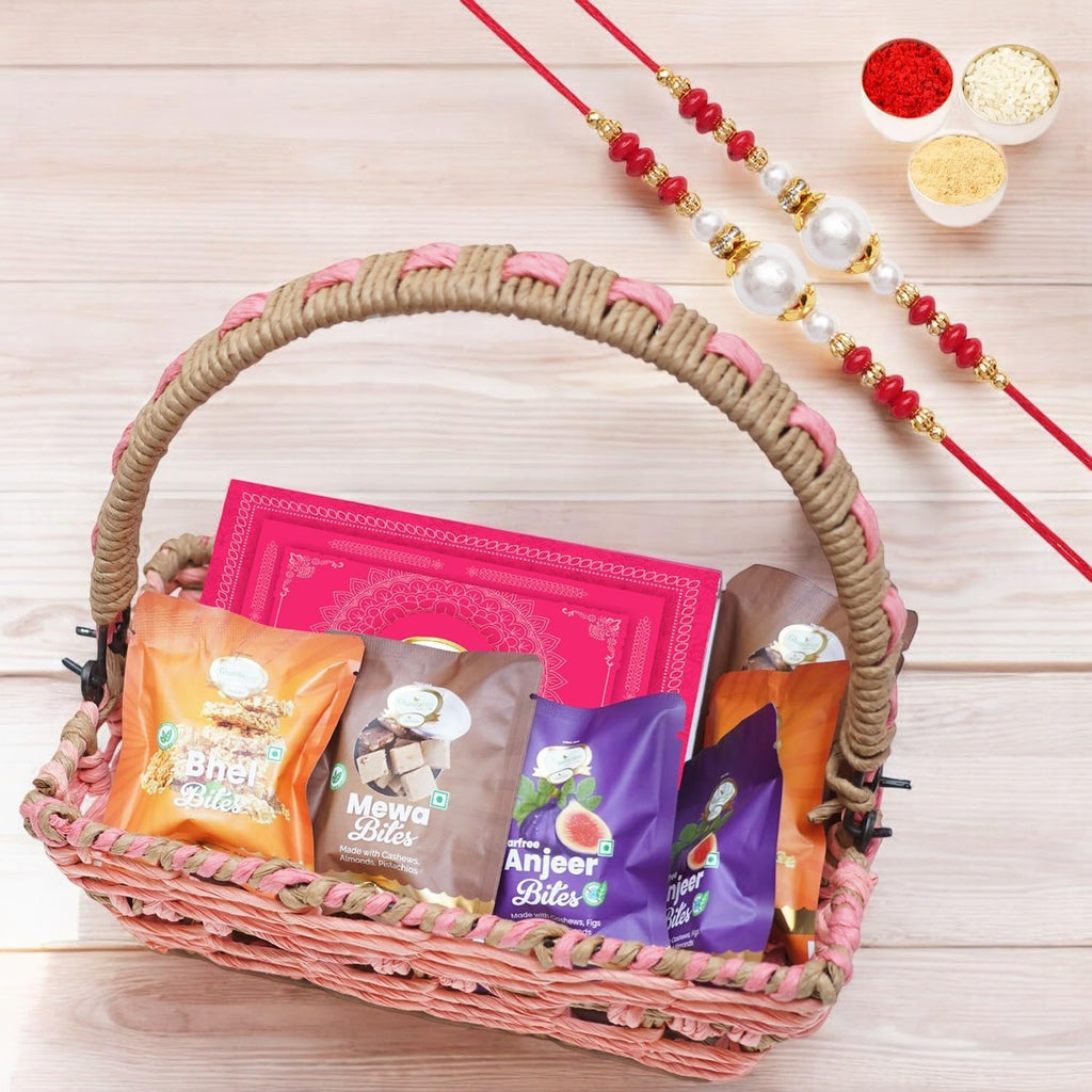 Ghasitaram Gifts Jaiccha Rakhi for Brother - Pink basket with bites and milk cake with 2 rakhi