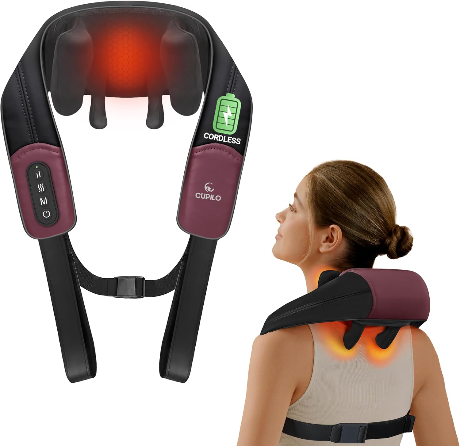 CuPiLo Shiatsu Neck Massager with Heat - Cordless 4D Expert Neck Shoulder Massage for Pain Relief,Upgarded Kneading Massager for Muscle Relaxation