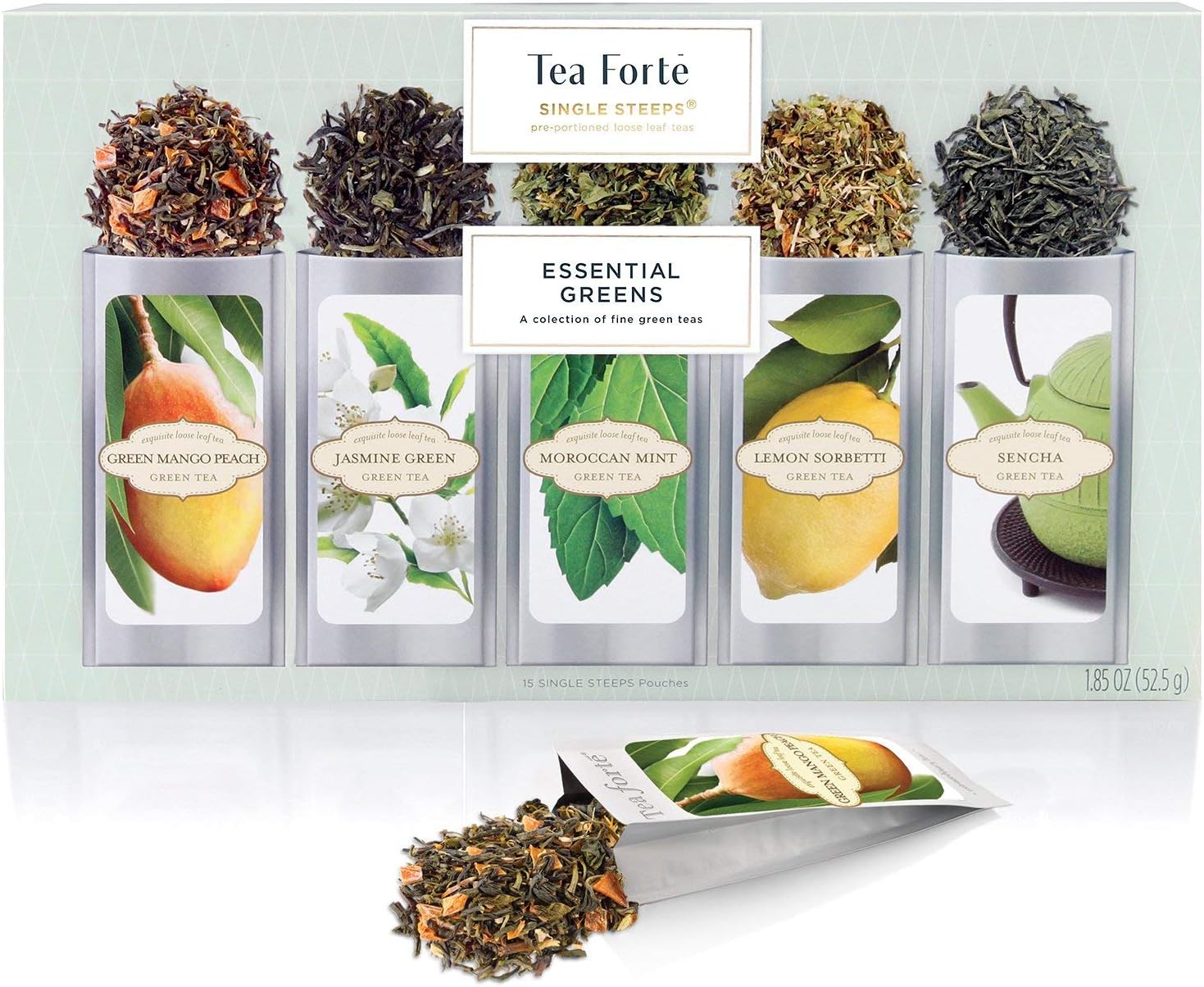 Tea Forte Single Steeps Loose Leaf Tea Sampler, Assorted Variety Tea Box, 15 Single Serve Pouches, Green Tea