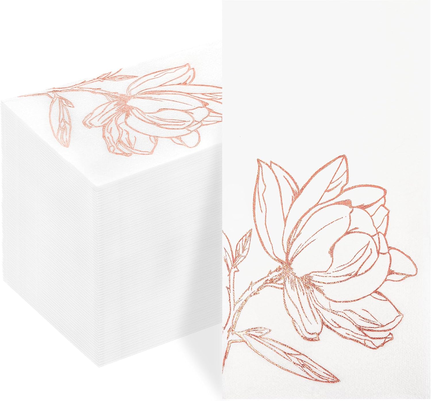 50 Pack Rose Gold Napkins - Magnolia Disposable Napkins - Cloth-Like Feel Dinner Paper - Heavy Duty Floral Hand Towels for Bathroom Wedding Holiday Party Bridal Decorative Towels Mother's Day