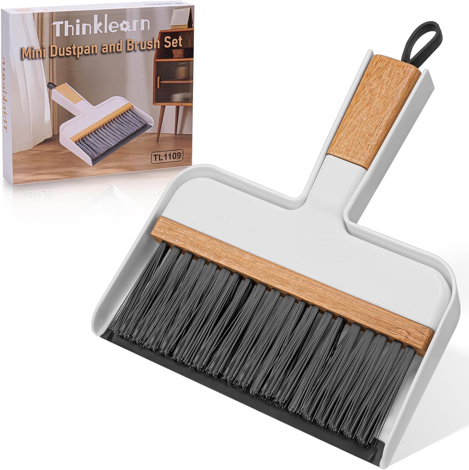 THINKLEARN Mini Dustpan and Brush Set, Portable Broom and Dustpan Combo Set with Bamboo Handle and Soft Rubber Lip, Compact Cleaning Tool for Kids, Car, Desk, Pet, Camping